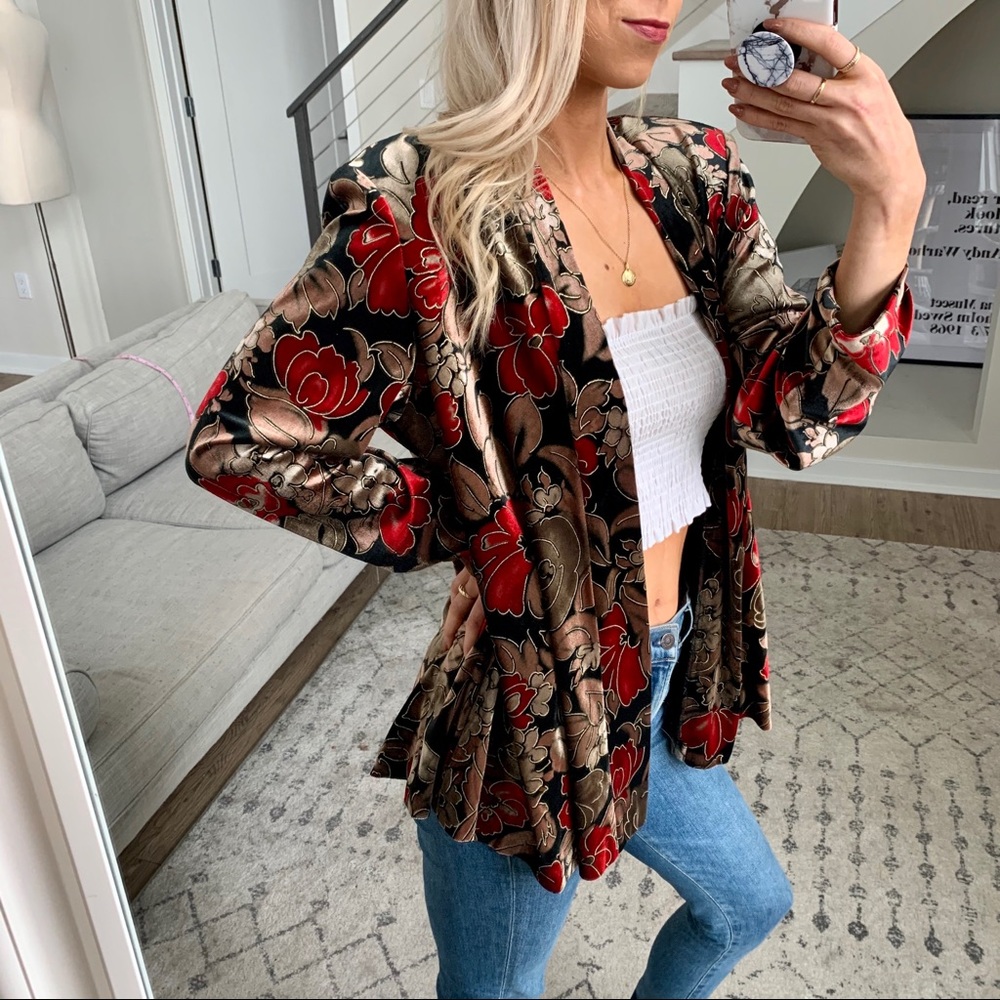 Vintage 90s Velvet Floral Blazer Cardigan Small